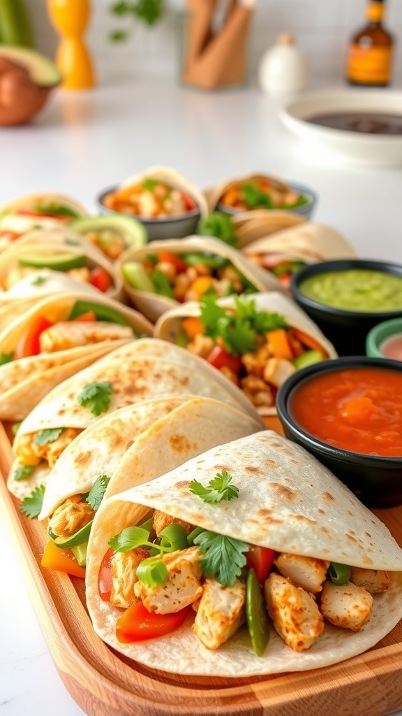 A variety of tortilla wraps and quesadillas filled with chicken, cheese, and vegetables, served with salsa and guacamole.